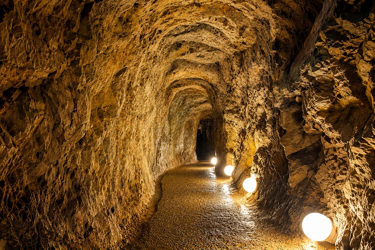A glowing underground tunnel carved deep into ancient rock, believed to be part of the vast hidden city beneath Derinkuyu, Turkey. These narrow passageways once helped protect thousands of people during invasions, wars, and times of crisis.