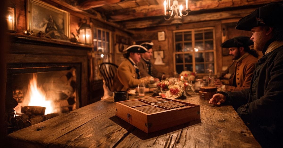 Colonial American tavern with Revolutionary soldiers sharing cigars by firelight. Colonial American tavern with Revolutionary soldiers sharing cigars by firelight.