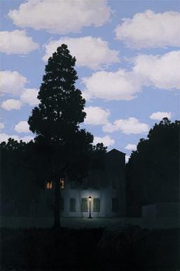 Magritte's Empire of Light: a dark street and a small house with one lit window under a bright daytime sky with white clouds