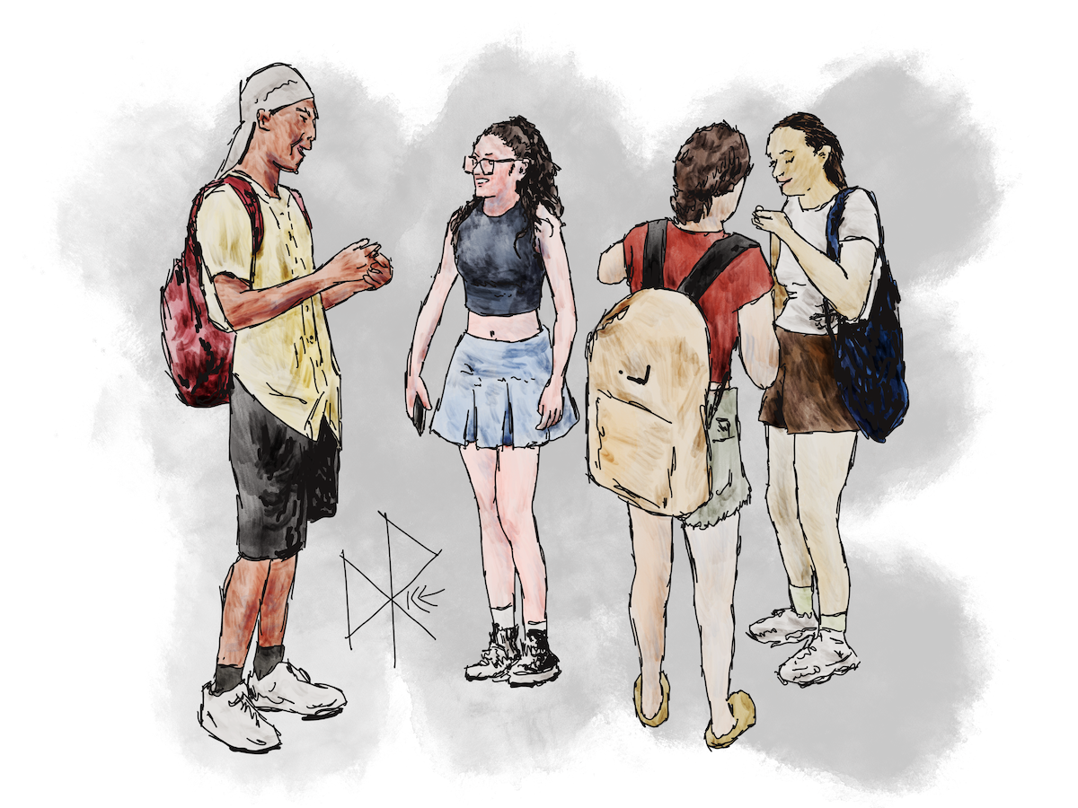 A group of standing people using their hands for emphasis as they animatedly talk with each other. Sketch art by Don Rice.