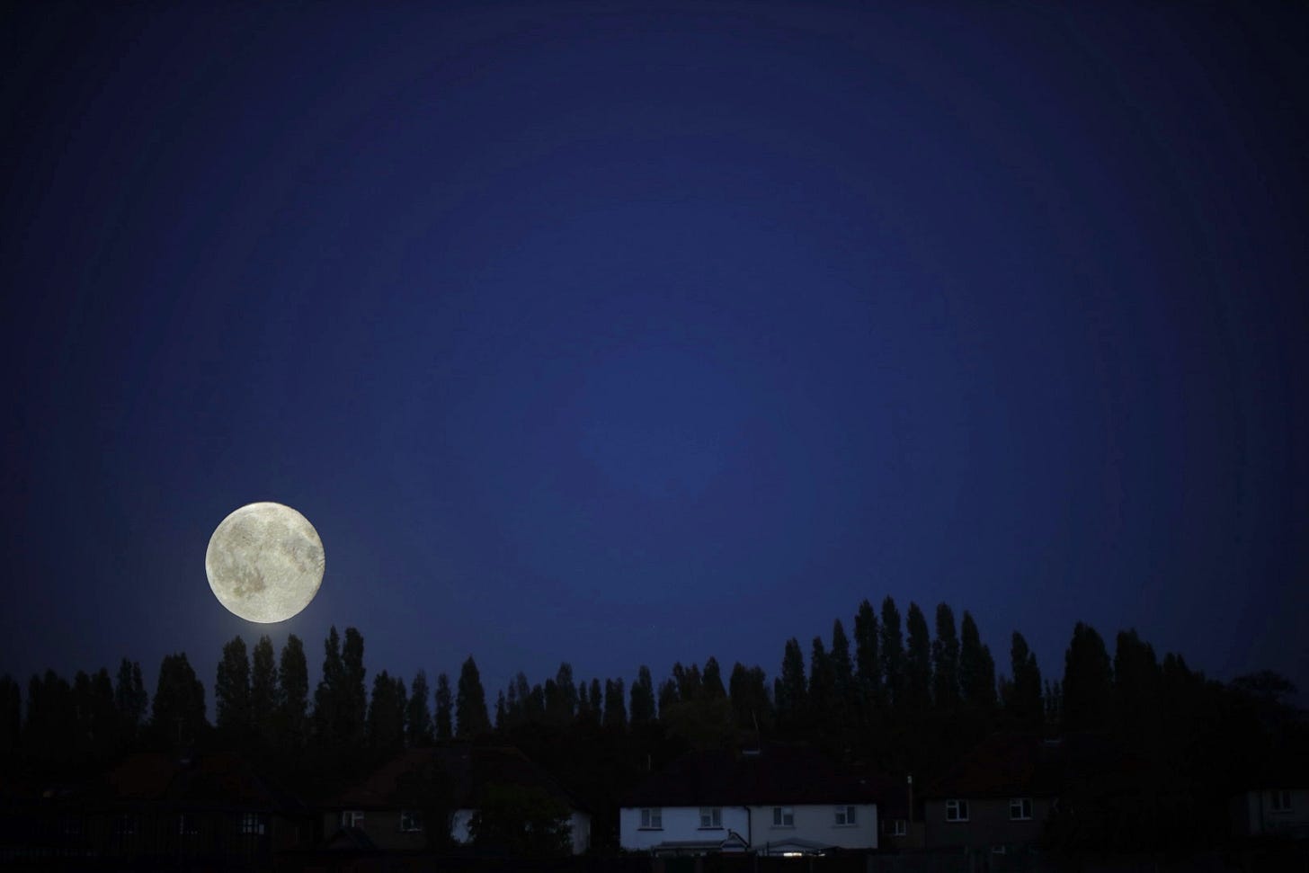 a full moon rising above a line of pine trees by a small English village a full moon rising above a line of pine trees by a small English village