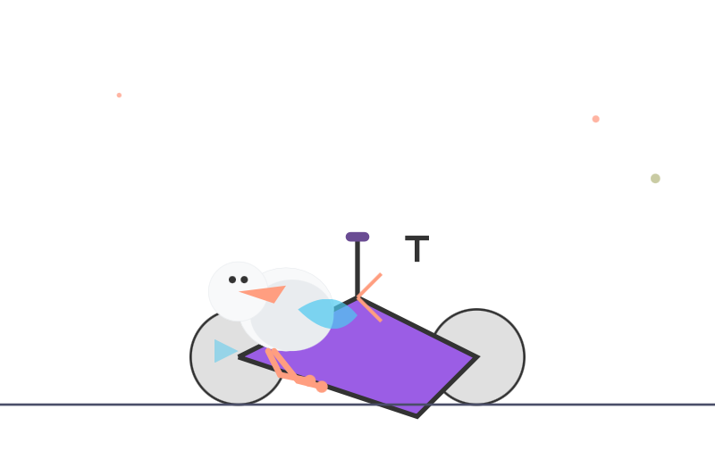 Description by Claude Sonnet 4: Minimalist flat illustration featuring a white bird character with orange beak, a purple rectangular tablet or device, gray cloud-like shapes, two black "T" letters, colorful geometric elements including orange and teal triangular shapes, scattered orange and green dots across a light background, and a thin black line at the bottom