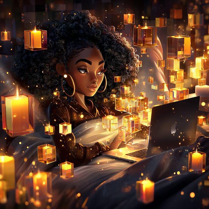 A beautiful black woman resting in bed working on her legacy while representations of divine downloads (ideas) swirl around her. By Affirmed Visionary