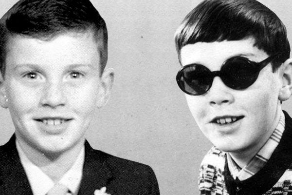 Two black-and-white images of Richard Moore, one from before he was blinded by a rubber bullet, and one after. 