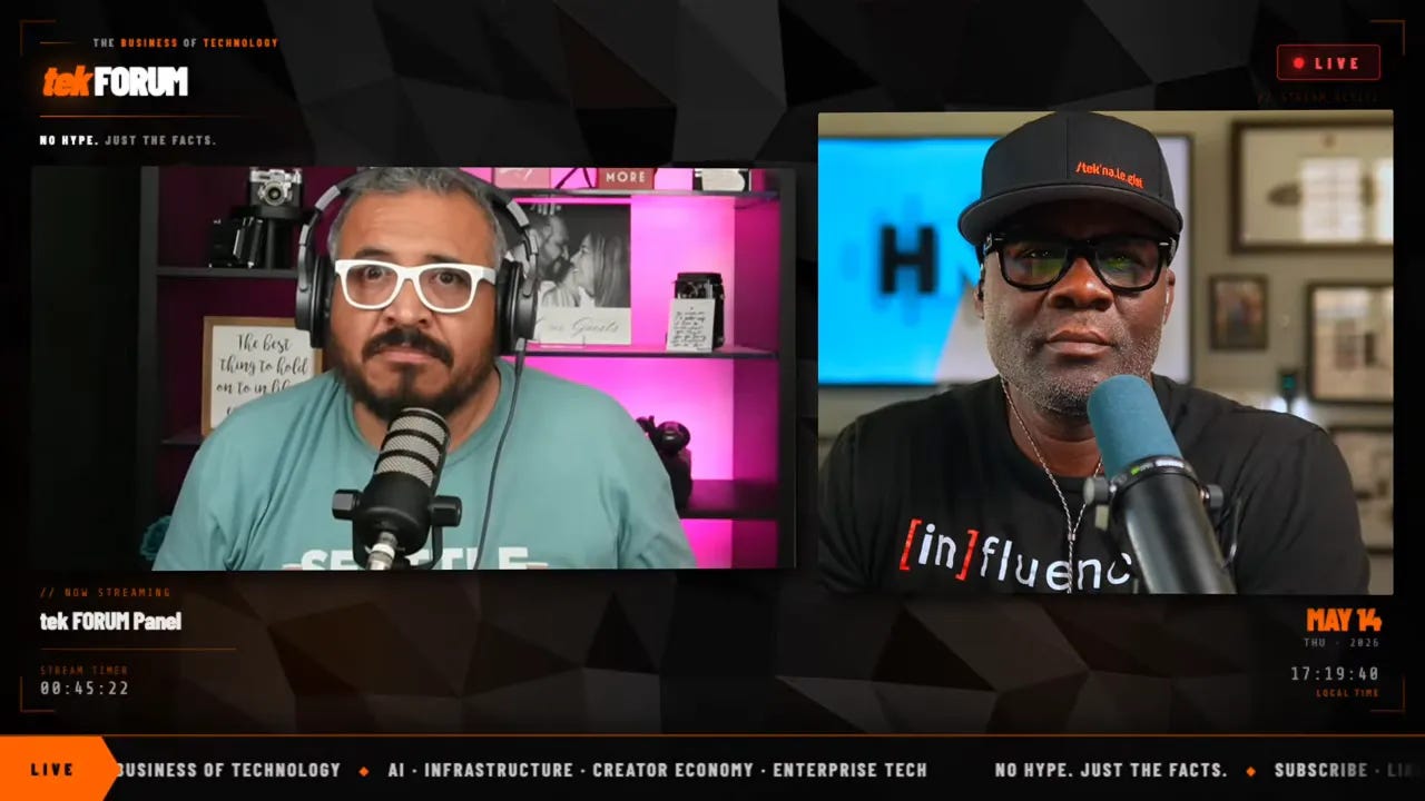 Tek Forum panel screenshot showing two podcasters in studio microphones, talking about conversation and AI