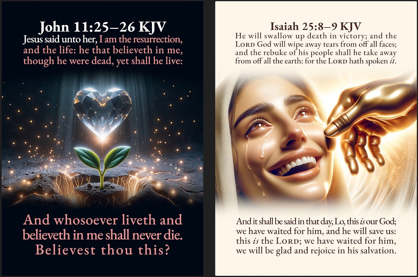 A two-panel card design with biblical themes of resurrection and comfort. The left panel features John 11:25–26 KJV, with the words of Jesus highlighted in red, over an image of a green seedling sprouting from glowing, cracked earth under a radiant crystal heart. The right panel displays Isaiah 25:8–9 KJV, illustrated by a luminous golden hand wiping away the tears of a woman who is crying with joy.