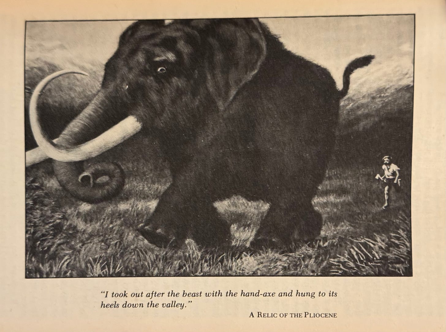 Book illustration of a young man chasing a Mammoth