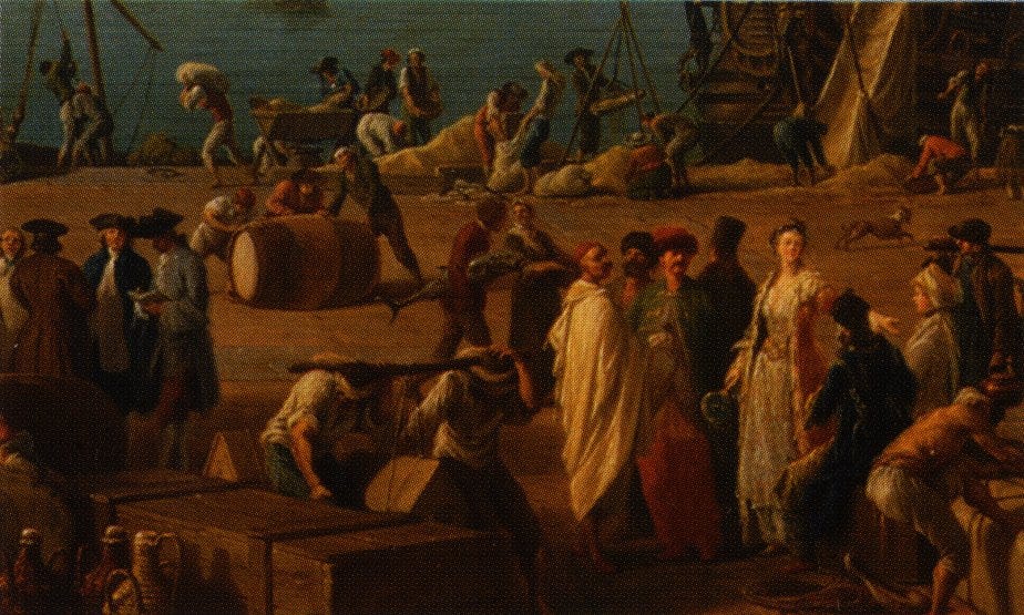 Busy French port with figures on the quay Busy French port with figures on the quay