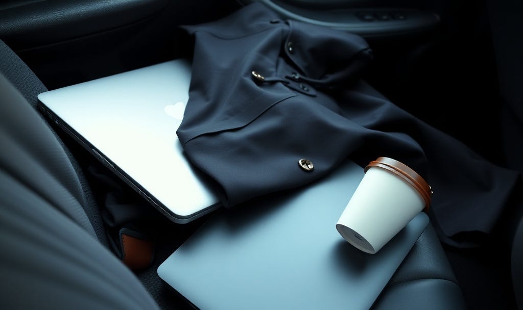 A blazer, laptop, and empty coffee cup lie scattered on the passenger seat of a car in soft morning light — a quiet snapshot of burnout and the weight of modern ambition.