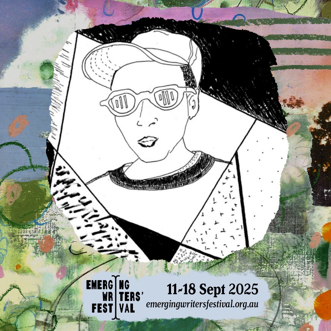 promo tile for Emerging Writers' Festival 2025 with a drawn self portrait of  Mek