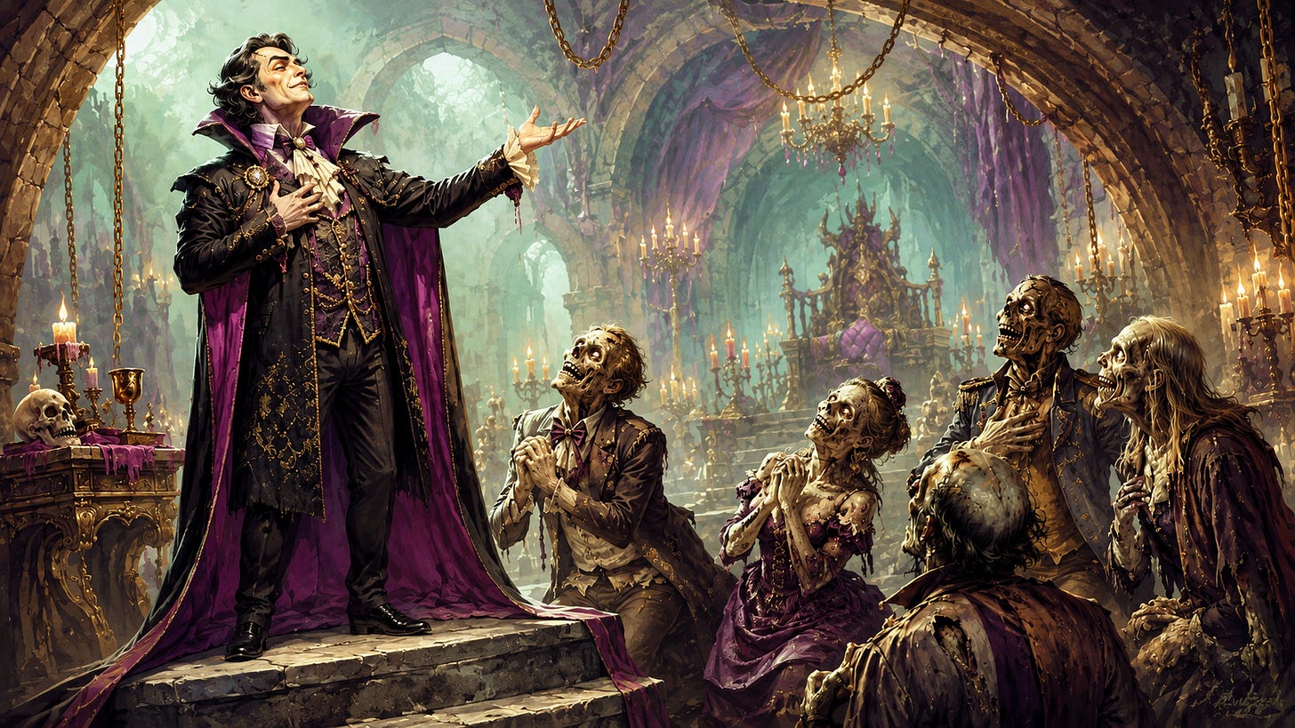 A theatrical supervillain in a dark gothic lair stands on a raised platform, gesturing grandly to a group of adoring zombies gathered before him like loyal followers, with candlelight, skulls, chains, and green mist creating a spooky but darkly humorous atmosphere. A theatrical supervillain in a dark gothic lair stands on a raised platform, gesturing grandly to a group of adoring zombies gathered before him like loyal followers, with candlelight, skulls, chains, and green mist creating a spooky but darkly humorous atmosphere.