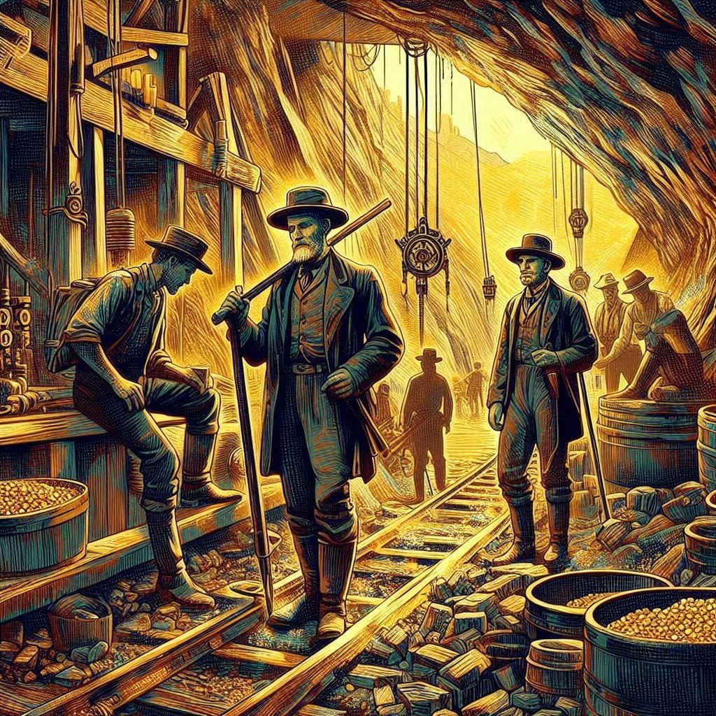 miners in a california gold mine in the 1800s in the style of roy lichtenstein