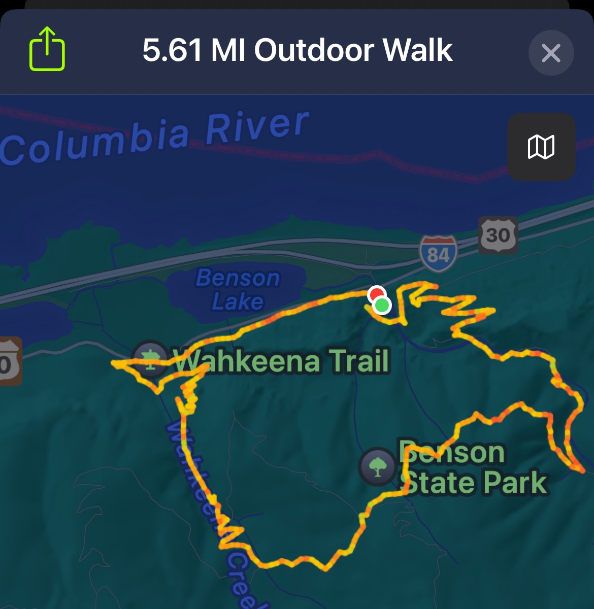 Apple Fitness map of Multnomah Falls hike Apple Fitness map of Multnomah Falls hike