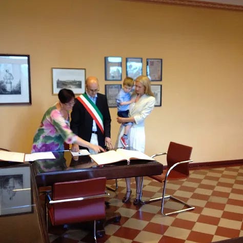 Top L>R: eloping at NYC city hall, digging our dream Italian garden, at the ospedale just born, Como rooftops, persimmon tree in winter, receiving my Itallian citizenship, hiking with Giorgio, teaching yoga at Villa Olmo, eating...again!