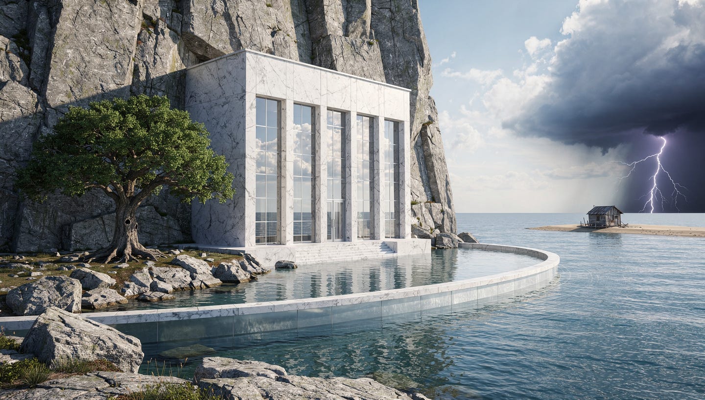 A majestic, modern architectural building made of marble and glass, built deep into a massive, solid granite cliff overlooking a calm ocean. The structure represents a fortress of stability. Around the building, a literal 'moat' of clear water protects it. A lush, ancient oak tree grows next to it, symbolizing long-term compound growth. In the far distance, a stormy dark cloud with lightning strikes a fragile wooden shack on a sandbank, showing the contrast. Bright, clear daylight, cinematic lighting, 8k resolution, photorealistic, serene and powerful atmosphere. A majestic, modern architectural building made of marble and glass, built deep into a massive, solid granite cliff overlooking a calm ocean. The structure represents a fortress of stability. Around the building, a literal 'moat' of clear water protects it. A lush, ancient oak tree grows next to it, symbolizing long-term compound growth. In the far distance, a stormy dark cloud with lightning strikes a fragile wooden shack on a sandbank, showing the contrast. Bright, clear daylight, cinematic lighting, 8k resolution, photorealistic, serene and powerful atmosphere.