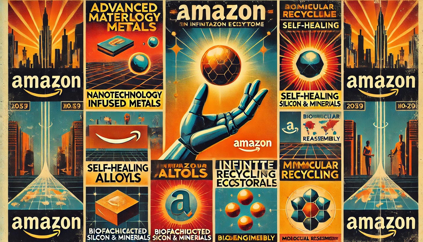 A retro-futuristic propaganda style poster with a strong Amazon branding. The poster is divided into sections with stylized images and text. Bold, vintage colors like red, blue, and yellow. Dramatic shadows and high contrast. Stylized illustrations reminiscent of 1950s sci-fi art. Futuristic cityscapes in the background. Geometric shapes and clean lines. Prominent Amazon logo and branding elements throughout the poster.

Advanced Materials & Technologies:
- Nanotechnology-infused Metals: A hand holding a metallic object with glowing nanoparticle effects, featuring the Amazon logo.
- Self-Healing Alloys: A broken object healing itself with bright, glowing lines, with an Amazon symbol.
- Biofabricated Silicon and Minerals: Laboratory setting with scientists and bioengineered organisms, Amazon logos on equipment.
- Molecular Reassembly: High-tech machinery breaking down and reassembling materials, Amazon branding visible.

Amazon's Infinite Recycling Ecosystem:
- Product Lifecycle: Diagram of products with arrows showing planned obsolescence and smart devices, Amazon branding.
- Recycling Process: Drones collecting items and delivering them to recycling centers with Amazon logos; AI-driven sorting machines with Amazon branding.
- Sustainable Manufacturing: 3D printers creating new products with Amazon logos; zero-waste factory with no waste outputs and Amazon branding.
- Consumer Experience: Drones delivering packages with Amazon logos; people using Amazon subscription services and customized products.

Impact on Society:
- Environmental Benefits: Green landscapes with zero waste signs and Amazon logos; reduced carbon footprint imagery with Amazon branding.
- Economic Advantages: Factory with efficient processes and Amazon branding; job creation with workers and advanced technology featuring Amazon logos.
- Enhanced Consumer Lifestyle: Happy consumers using Amazon products with ease; sustainable living scenes with Amazon branding.