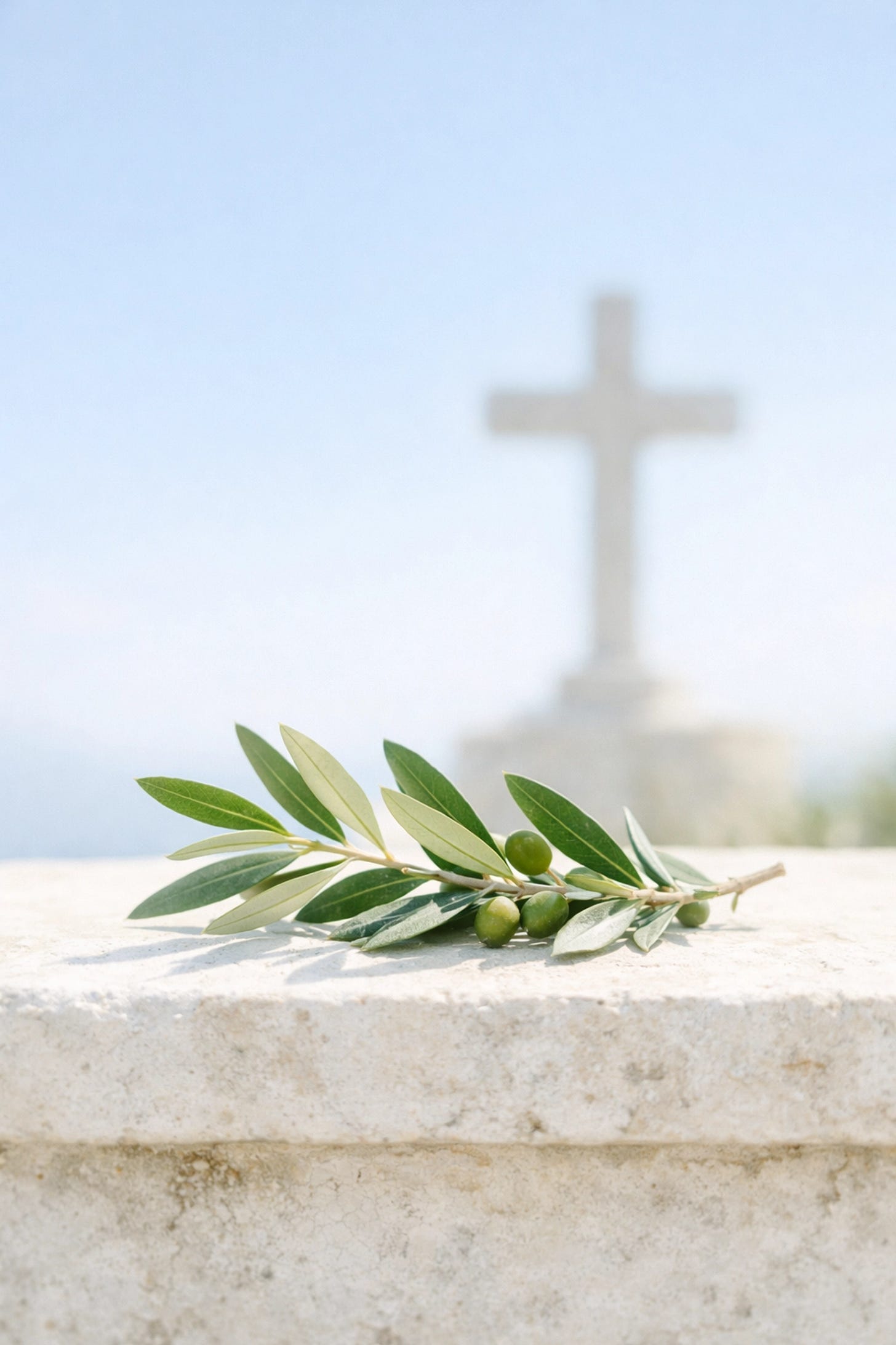 A green olive branch on a stone altar, representing the Church's vision of peace and spiritual renewal.