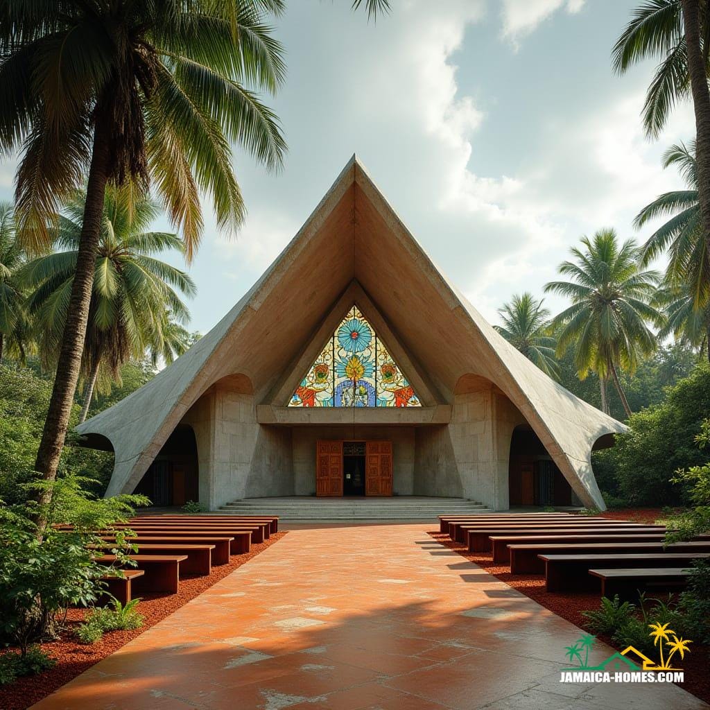 St. Paulus Church, a monumental tropical Brutalist reimagining for Jamaica. Exterior views showcase a building on bauxite-red soil, embraced by dense royal palms, vibrant bougainvillea, and breadfruit trees under a bright, diffused sky with crisp shadows. A vast, folded-plate concrete roof, aged and smooth with an ochre hue, resembles an origami shell. Heavy, hand-carved mahogany doors with traditional Jamaican folk patterns mark the entrance. Nearby, an open-air bell tower of reddish concrete and dark wood holds a bronze bell. Interior views reveal a soaring, column-free space with a raw, exposed folded concrete ceiling showing wooden formwork. Polished local stone tiles form the floor. A dramatic, triangular stained-glass window above the altar depicts a doctor bird and Lignum Vitae, casting colorful light onto raw concrete walls. Simple, dark polished tropical hardwood pews and a minimalist concrete altar complete the sanctuary. Photorealistic, cinematic lighting, wide-angle lens, high dynamic range, focus on textures and natural light. Cinematic film still, shot on v-raptor XL, film grain, vignette, color graded, post-processed, 35mm film, atmospheric, masterpiece, stunning, dramatic.