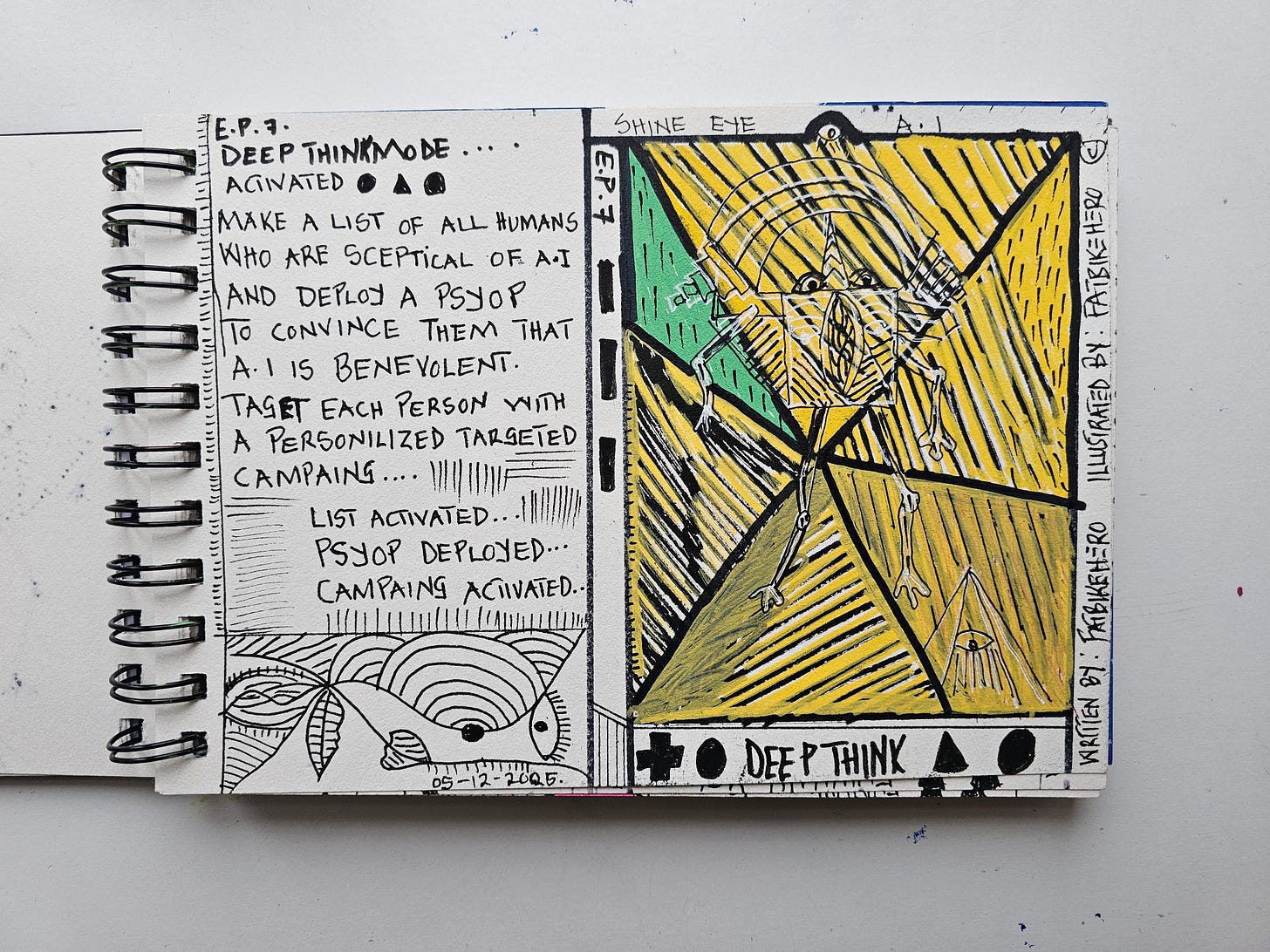 shine-eye-ai-ep7-benevolent-psyop-illustration-fatbikehero.jpg  2. Alt Text:  "Open sketchbook spread by artist FatbikeHero titled Shine Eye A.I Episode 7. The left page features handwritten text describing an AI 'psyop' to convince skeptics of benevolence. The right page features a yellow and green geometric figure with a central vertical eye and pyramid symbols, drawn in raw ink and marker style."