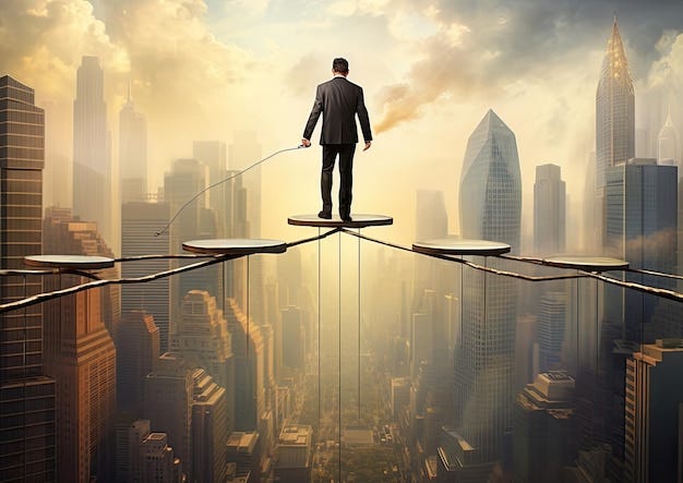 A surrealistic image of a businessman walking on a tightrope balancing  between two towering | Premium AI-generated image