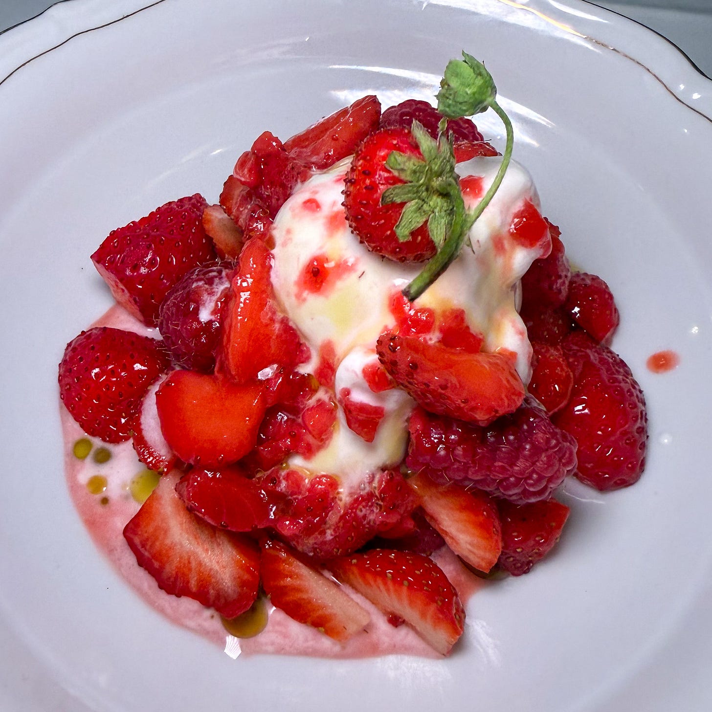 Strawberries and raspberries with yogurt sorbet, verbena and olive oil at Petit Vatel, Paris 6th Strawberries and raspberries with yogurt sorbet, verbena and olive oil at Petit Vatel, Paris 6th