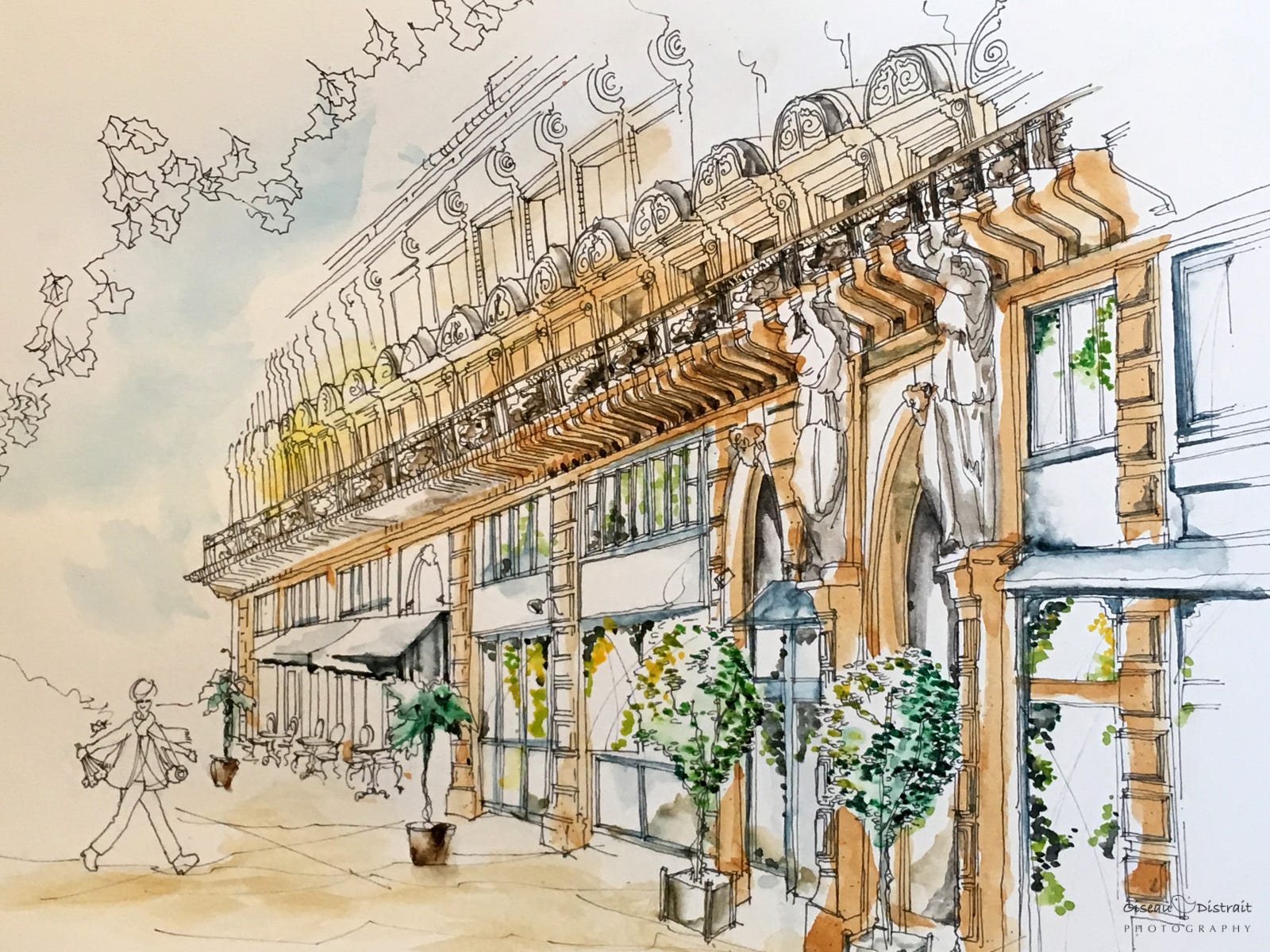 A watercolour drawing of the Mégisserie, Paris.