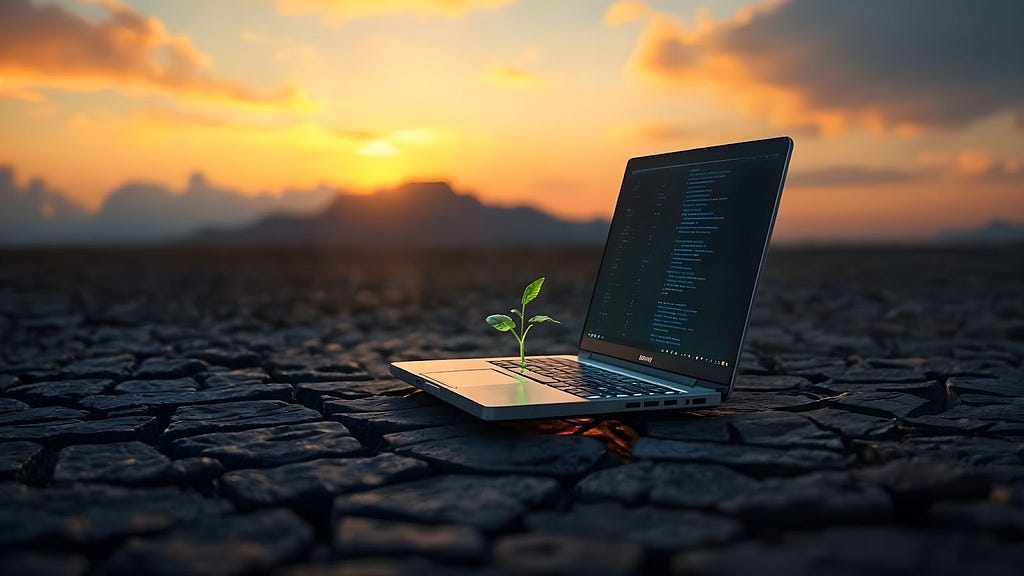 Laptop computer resting on dry, cracked desert earth with a small green sprout growing from the keyboard, symbolizing growth and opportunity amidst challenges, set against a dramatic sunset background.