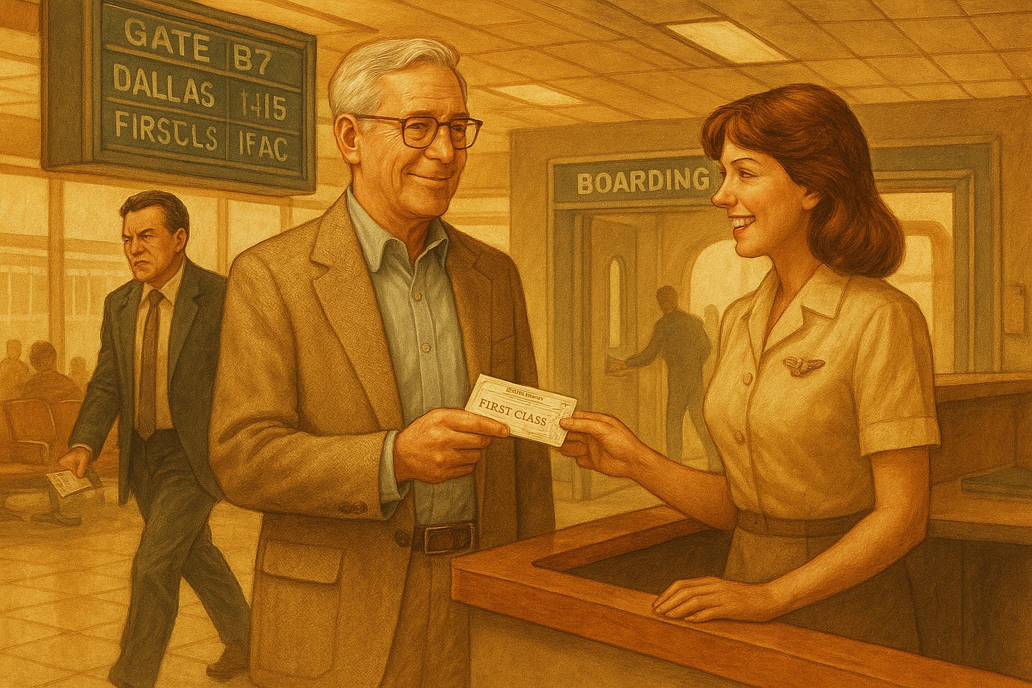 Man is getting on an airplane, moving from back to first class, accommodating a rude passenger.