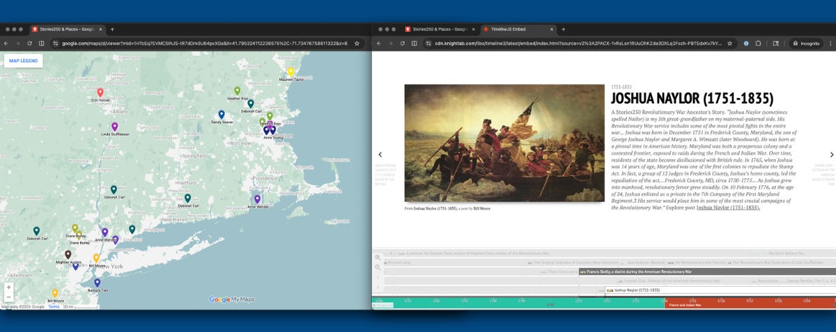 Two screenshots juxtaposed. On the left is the Stories250-map showing where events depicted in the articles occurred. The timeline on the right shows when these events occurred. You quickly notice how many fell in the range between 1750 and 1790. Two screenshots juxtaposed. On the left is the Stories250-map showing where events depicted in the articles occurred. The timeline on the right shows when these events occurred. You quickly notice how many fell in the range between 1750 and 1790.