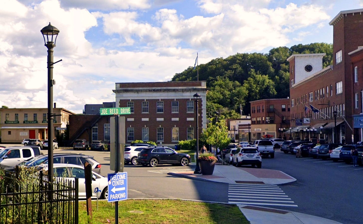The same corner today. The Hotel Coolidge on the right stands on the Junction House's foundation, the hillside The same corner today. The Hotel Coolidge on the right stands on the Junction House's foundation, the hillside