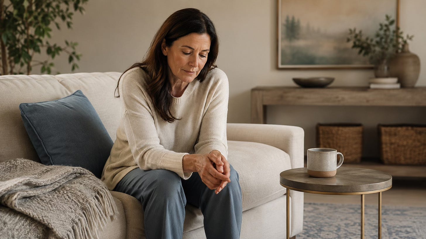 Woman sitting quietly on the edge of a sofa, appearing thoughtful as she tries to allow herself to rest.
