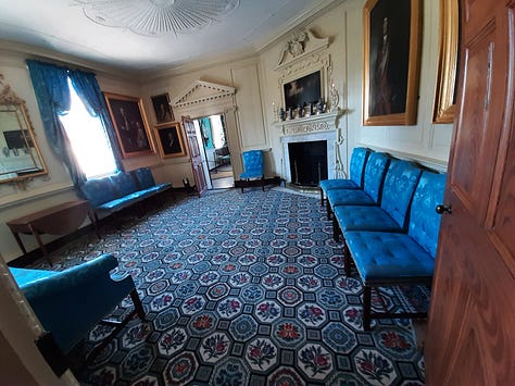 The interior of George Washington's Mount Vernon, including the dining room, parlor, a guest bedroom, Washington's library and the kitchen.