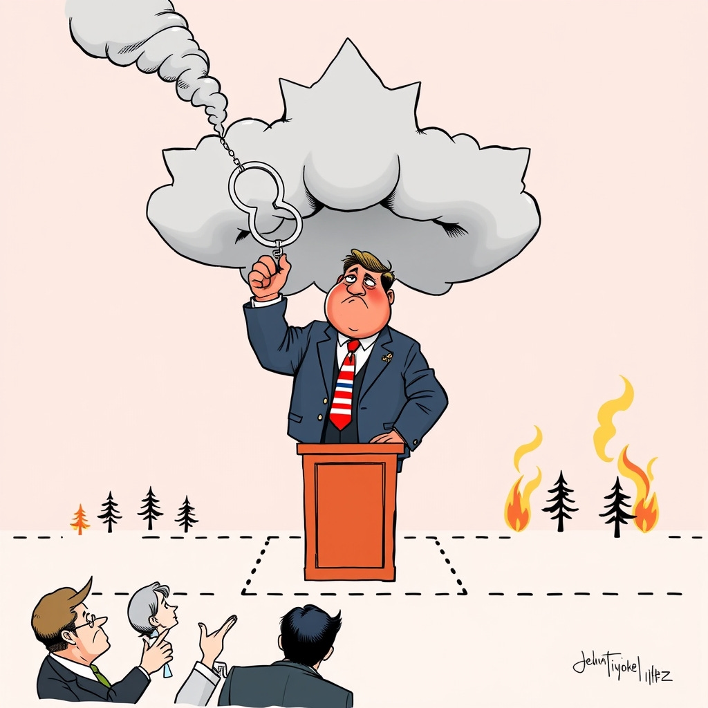 Single-panel editorial cartoon, bold ink linework, flat satirical color style. A red-faced, pudgy generic senator in an oversized suit and flag lapel pin stands on a small podium, triumphantly holding