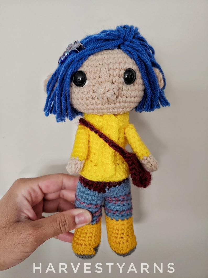 Crochet Doll, Coraline doll, Coraline yellow raincoat, rainy days, crochet amigurumi girl doll, blue hair, dragonfly, gifts for friends image 1