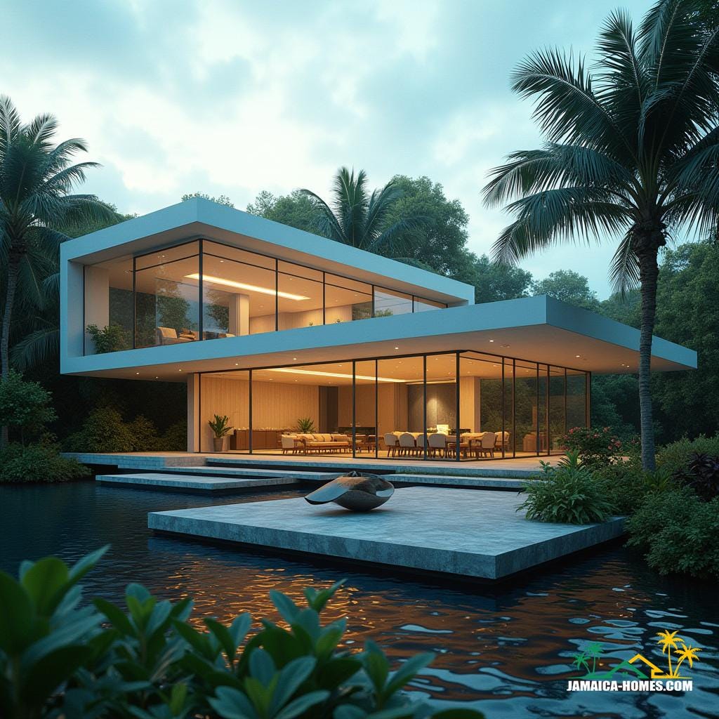 A sleek, modern Transparent House in Jamaica, Caribbean, with expansive glass walls and protruding windows, seamlessly integrating sustainability features, including solar panels and a state-of-the-art water harvesting system, set amidst a serene pond, surrounded by lush tropical foliage