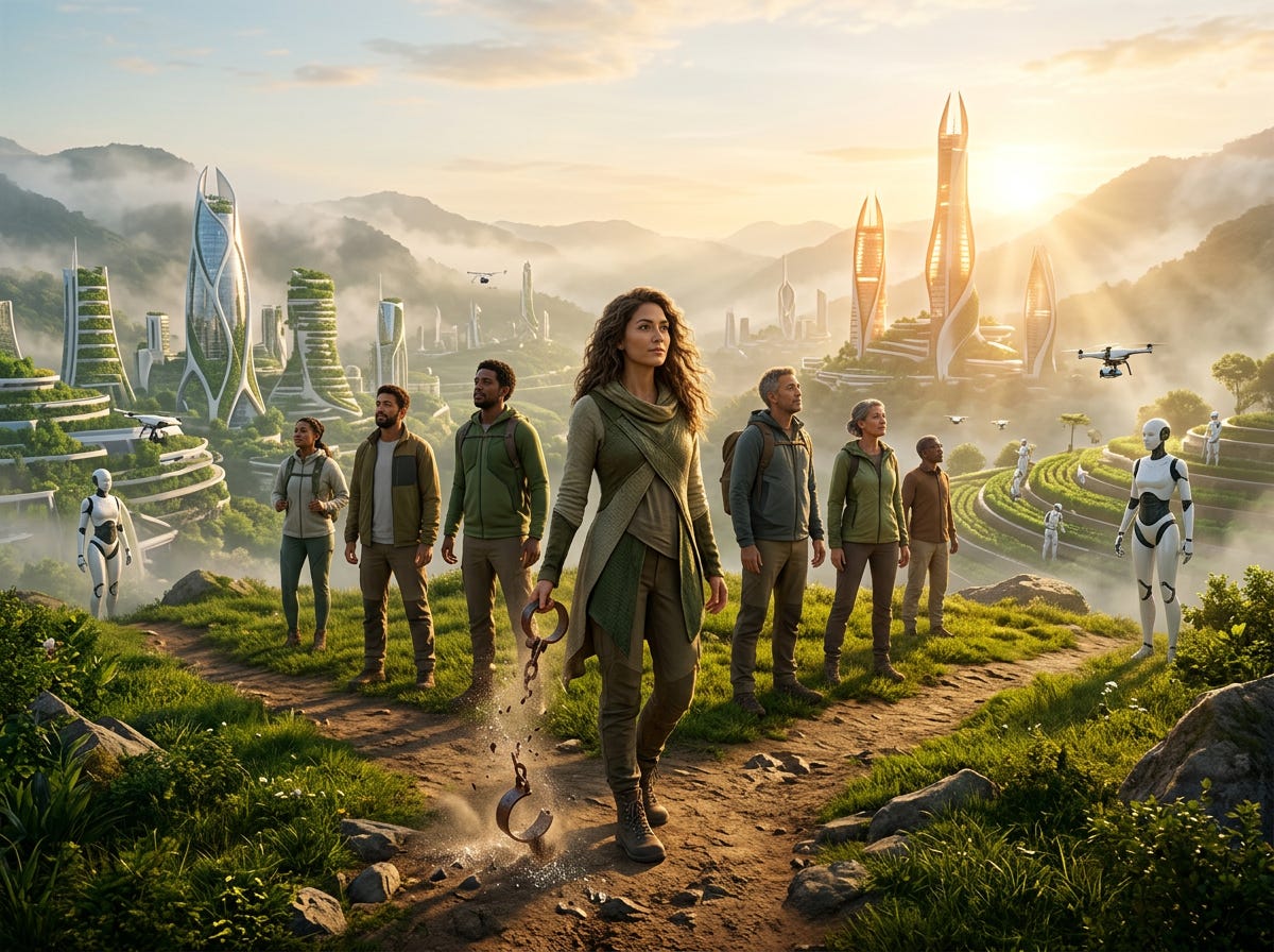 A group of people stand on a grassy overlook facing a bright, futuristic city filled with tall, sleek buildings covered in greenery. Several humanoid robots and drones move through the scene, suggesting advanced automation. In the foreground, a woman holds broken shackles in her hands, symbolizing freedom. The atmosphere is hopeful, with warm sunlight and misty mountains in the background.