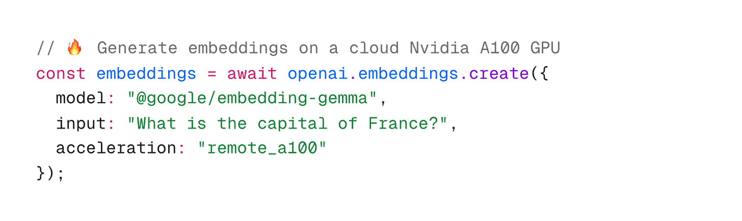 JavaScript code showing how to create embeddings on a remote GPU instance with only one additional line of code.