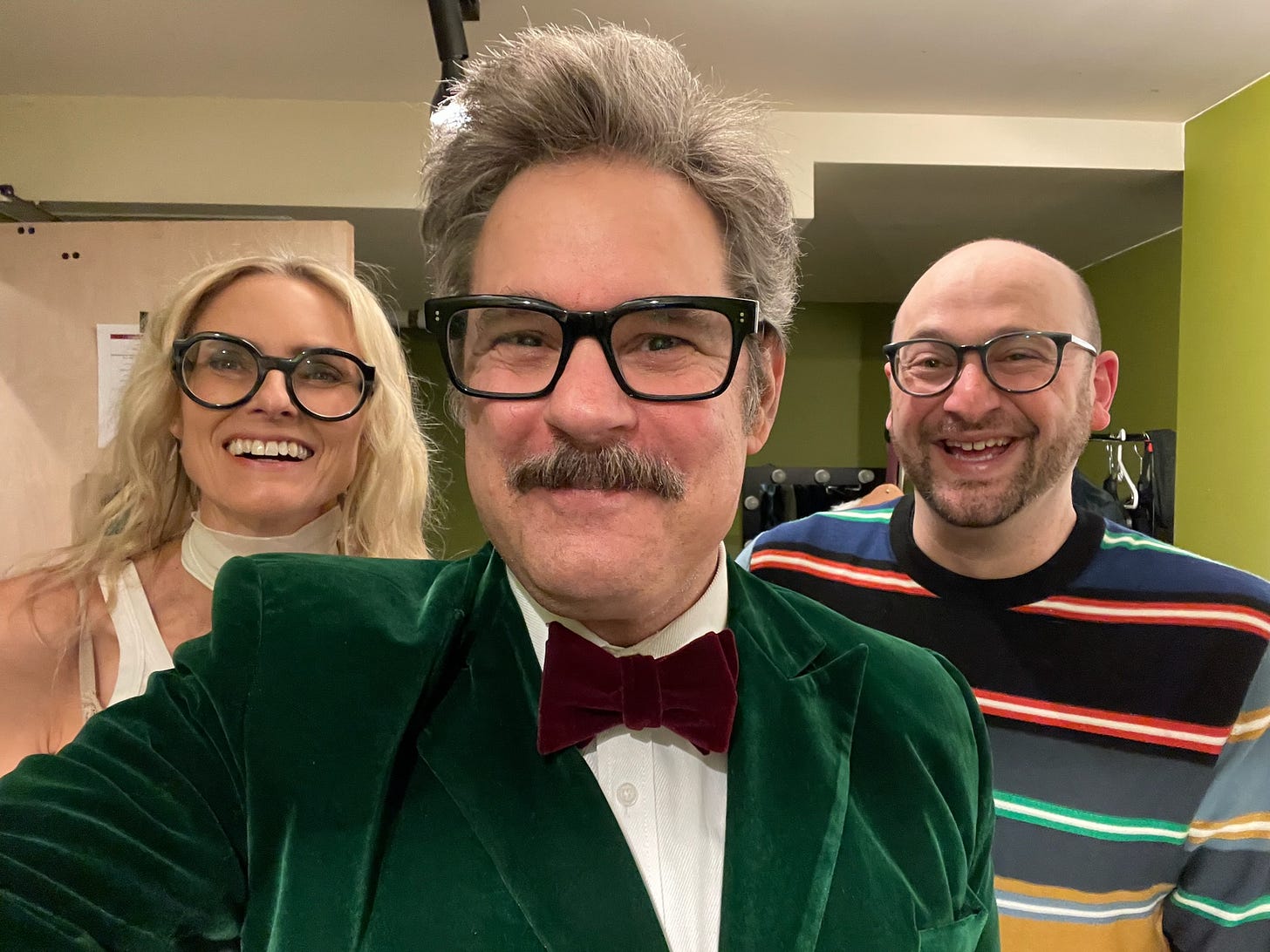 Aimee Mann, Paul F. Tompkins, and Josh Gondelman, briefly collaborating.