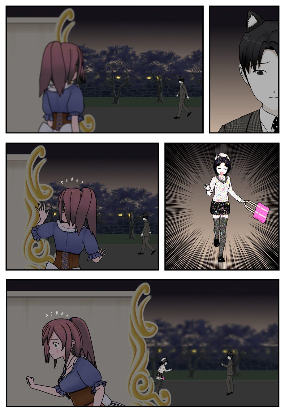 Hiding behind a wall, Vana sees a despondent Ace. But when she notices the polka-dotted Rae running out to meet Ace first, she grows alarmed and leaves instead of approaching them.