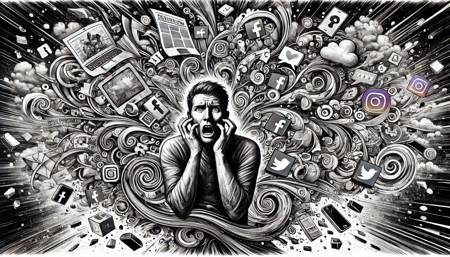 A man feeling confused by a storm of media and technology, with a dreamlike and dynamic atmosphere, created in ink and highlighted with colorful watercolors.