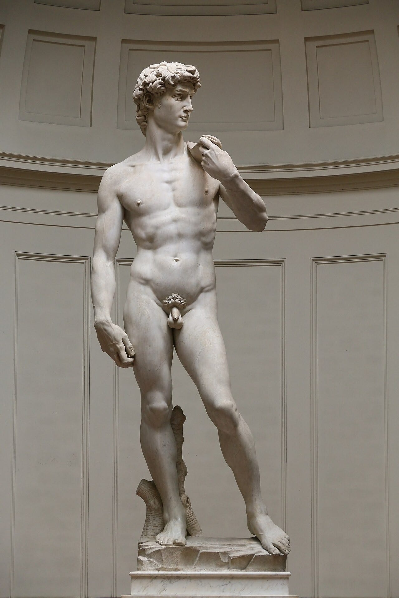 Michelangelo's David, a marble statue of a naked young man holding a sling, in the Galleria dell'Accademia in Florence Michelangelo's David, a marble statue of a naked young man holding a sling, in the Galleria dell'Accademia in Florence
