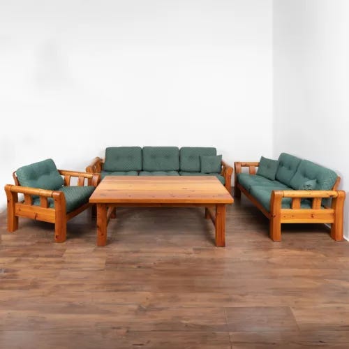 Pine Set (4), Vintage Sofa, Loveseat, Chair & Coffee Table, Sweden circa 1960-70 - Picture 1 of 12 Pine Set (4), Vintage Sofa, Loveseat, Chair & Coffee Table, Sweden circa 1960-70 - Picture 1 of 12
