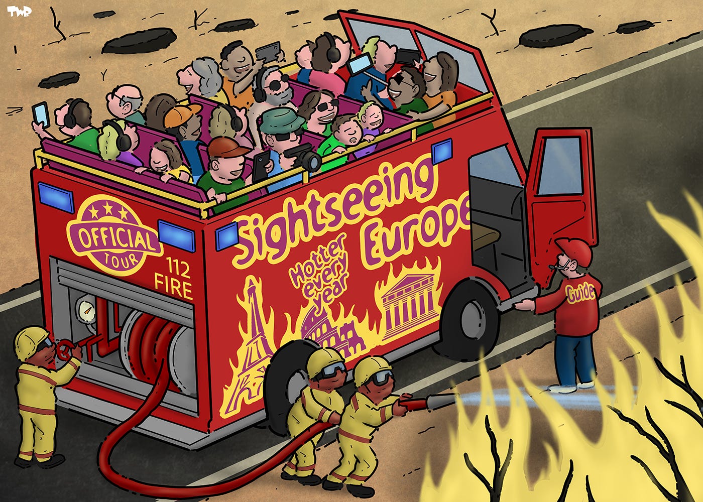 Cartoon showing a red bus, which is a cross-over between a fire engine and a hop-on, hop-off tourist bus. Firemen are unrolling a hose from the bottom part of the bus and using it to fight a forest fire. The top of the bus is an open deck full of tourists taking pictures and selfies. On the side of the bus we see the text 'Sightseeing Europe' with stylized versions of the Eiffel Tower, the Colosseum and the Acropolis, all engulfed in flames, with the accompanying text 'Hotter than ever'. A guide is explaining what the firemen are doing to the tourists.