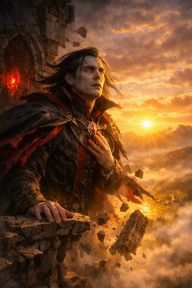 Strahd von Zarovich on shattered Ravenloft balcony realizing dawn will undo him golden rose dawnlight mist recoiling gothic fantasy