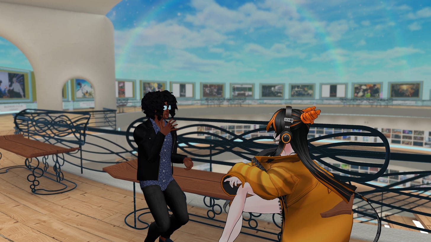 This is an image of Sheru chatting with ArmaniXR in a VR photo competition world he participated in on VRChat.