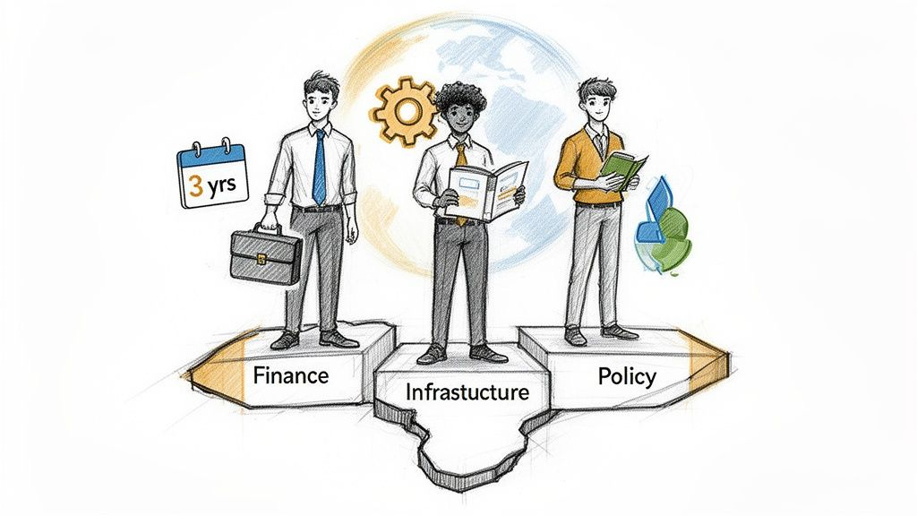 Illustration of three men representing finance, infrastructure, and policy with global and sustainability elements. Illustration of three men representing finance, infrastructure, and policy with global and sustainability elements.