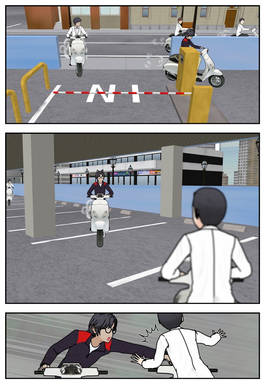 Ruff turns into a parking garage, followed by Invidius minions. Two try to trap him from behind and in front. Ruff meets and punches the first guard off his ride.