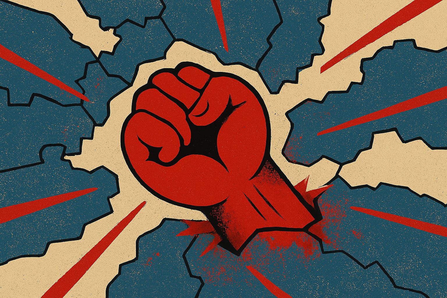Ilustración editorial sobre violencia política: puño rojo sobre mapa fragmentado, símbolo de ruptura democrática.