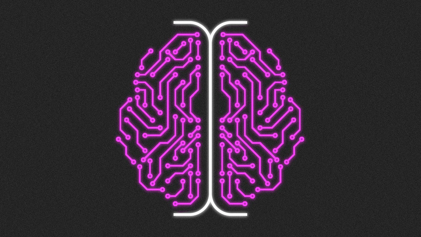 Illustration of a brain made up from a glowing white cursor in the center and a glowing circuit pattern on either side. 