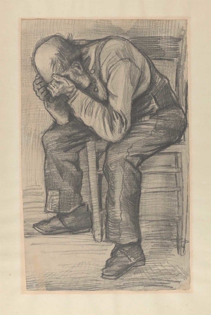 ‘Versleten’, rond 24 november 1882 - timmermans potlood op aquarel papier: Vincent van Gogh (herkomst: Privécollectie). ‘Versleten’, rond 24 november 1882 - timmermans potlood op aquarel papier: Vincent van Gogh (herkomst: Privécollectie).
